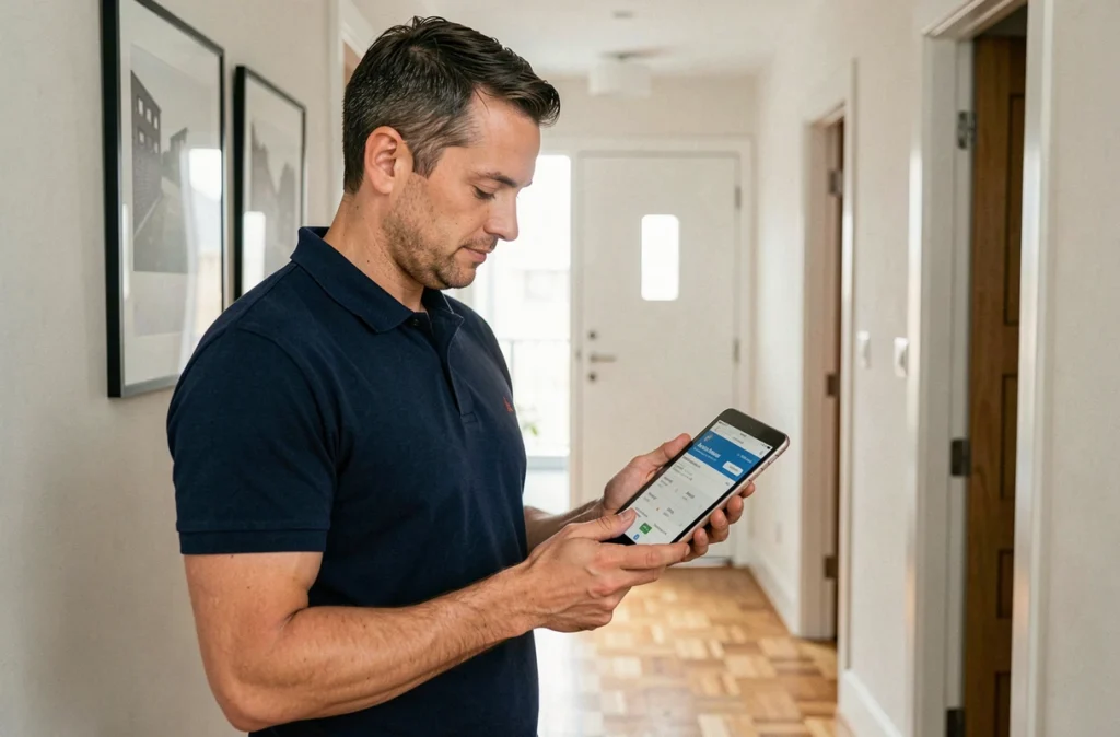 Homme comparant des offres d'assurance habitation sur une tablette dans son couloir