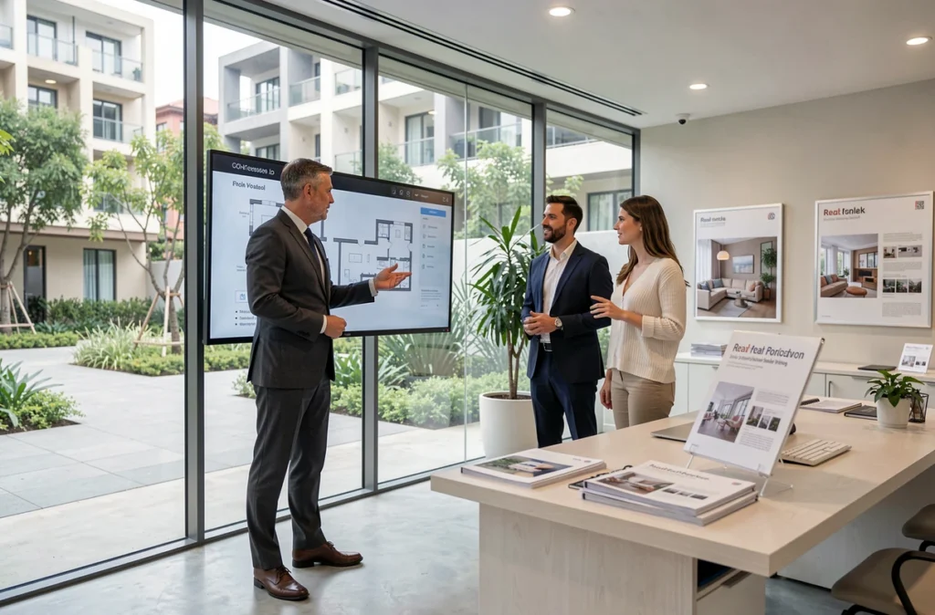 Directeur commercial Kaufman and Broad présentant un plan numérique à des clients dans un bureau de vente premium