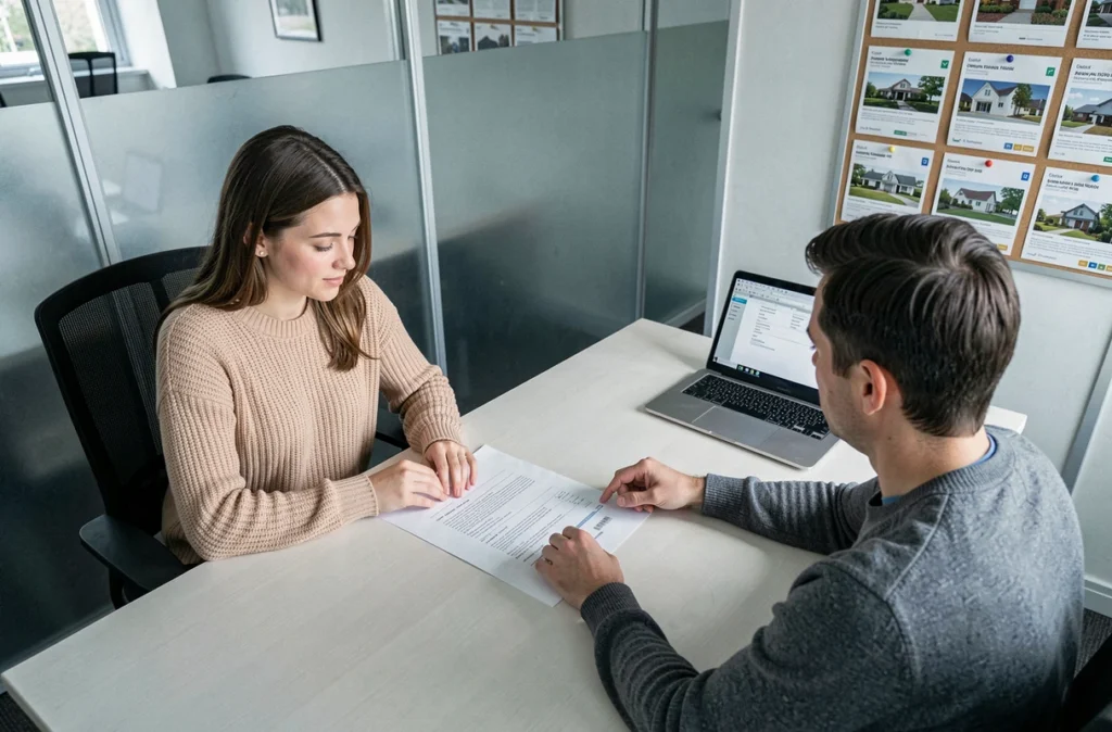 Locataire et agent immobilier examinant ensemble un contrat de bail dans une agence immobilière moderne