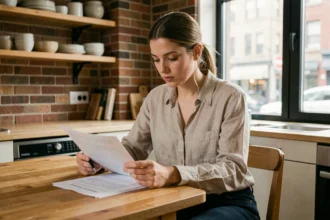Locataire jeune femme qui examine des documents d'assurance habitation à une table en bois dans un appartement moderne