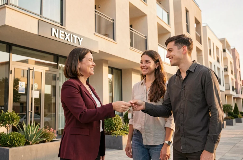 Conseillère Nexity remettant les clés d'un appartement neuf à un jeune couple devant une résidence moderne