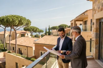 Vue panoramique de nouveaux programmes immobiliers dans le Var avec un agent et un client examinant des plans sur une terrasse