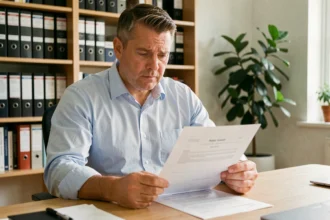 Propriétaire lisant attentivement un contrat de location avec une expression perplexe, assis à un bureau en bois dans un bureau à domicile