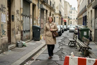 Rue dégradée d'un quartier de Bordeaux avec façades abîmées, graffitis et barrières de chantier sur le trottoir