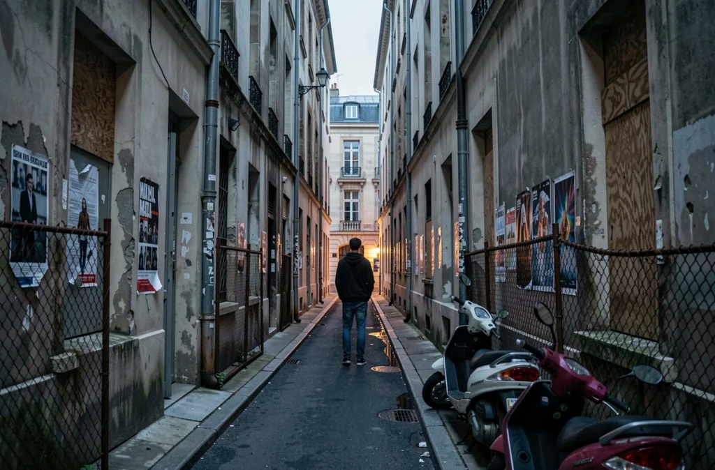 Ruelle sombre et insalubre dans un quartier de Bordeaux avec immeubles dégradés, fenêtres condamnées et ambiance d'insécurité
