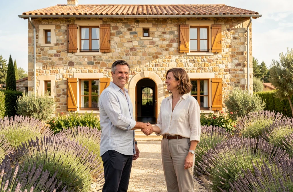 Promoteur Sporting Promotion serrant la main de nouveaux propriétaires devant une villa résidentielle aux accents provençaux dans le Var