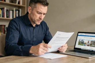 Homme vérifiant un avis client Orpi Invest Immo sur des documents immobiliers à son bureau