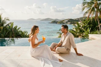 Couple en villa de luxe tout inclus à Saint-Barthélemy profitant d'une piscine à débordement avec vue sur la mer des Caraïbes