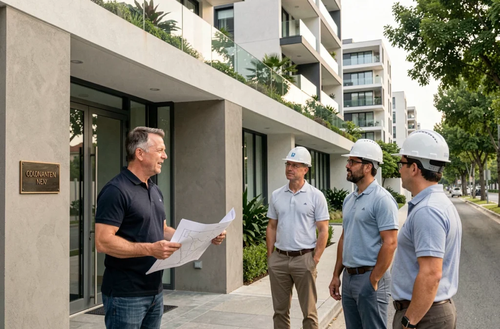 Directeur de site Vinci Immobilier devant un grand ensemble résidentiel contemporain livré dans le Var