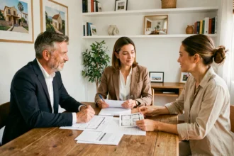 Couple en train de négocier l'achat d'un appartement à Empuriabrava avec un agent immobilier autour d'une table couverte de documents